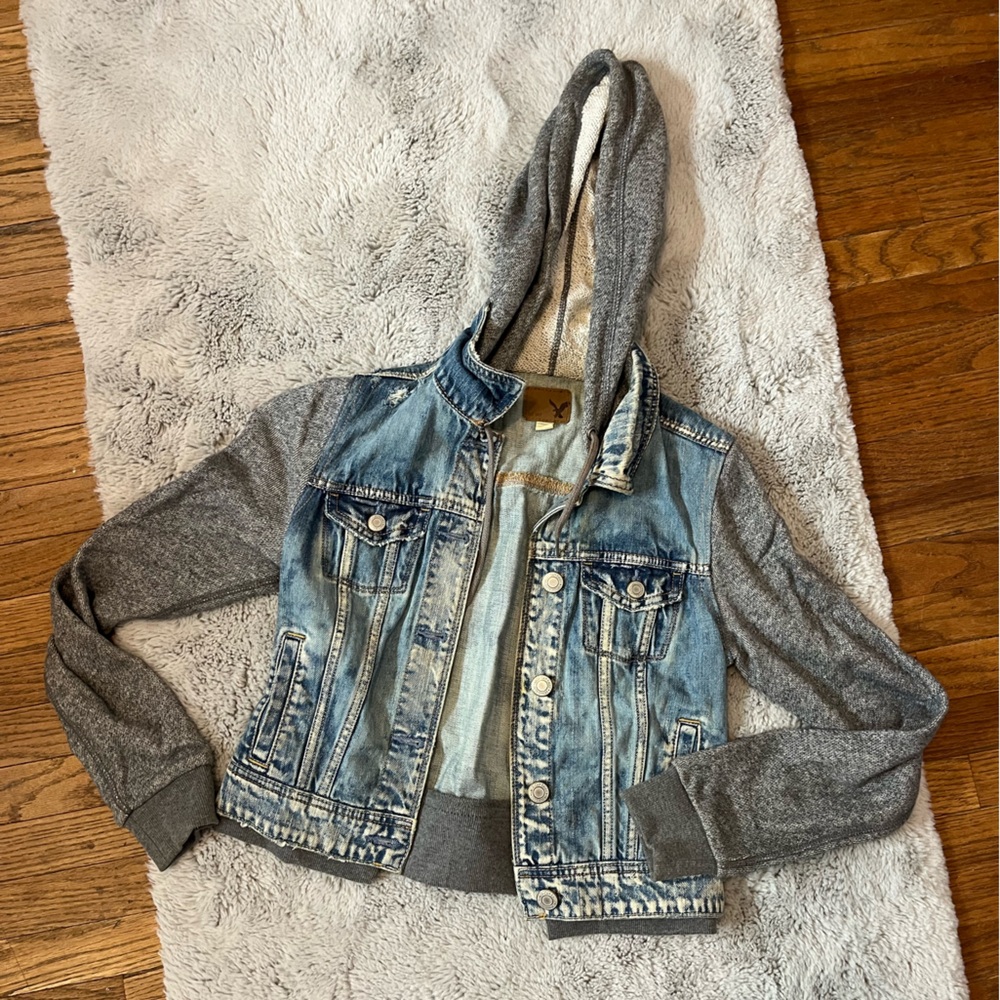 Denim and Gray Hooded Jacket